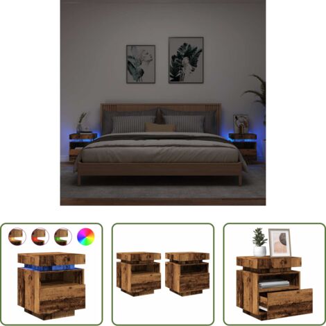 Luces LED -  Mesita de noche luces LED 2 uds madera envejecida 40x39x48,5 cm