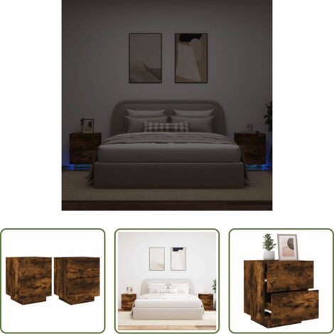 Luces LED -  Mesita de noche luces LED 2 uds madera ingeniería roble ahumado