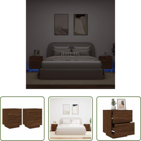 Luces LED -  Mesitas de noche luces LED 2 uds madera ingeniería roble marrón