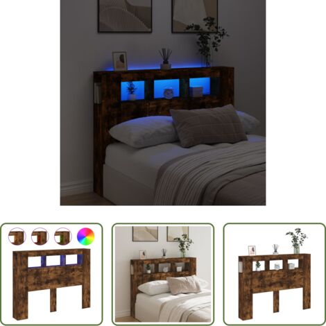 Luces LED RGB -  Cabecero LED madera ingeniería roble ahumado 140x18,5x103,5 cm