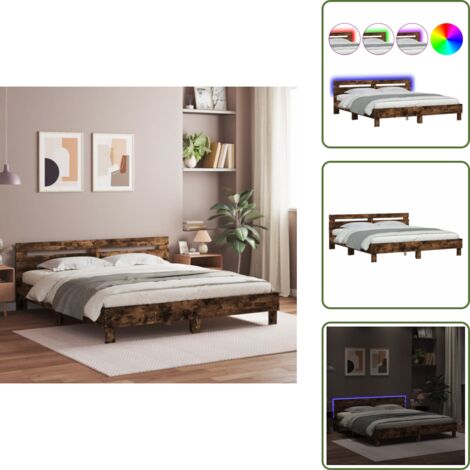 Luces LED RGB - vidaXL Estructura de cama cabecero y luces LED roble ahumado 160x200cm - Madera de ingeniería