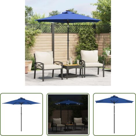 Luces LED -  Sombrilla jardín con luces LED poste acero azul 225x225x212 cm
