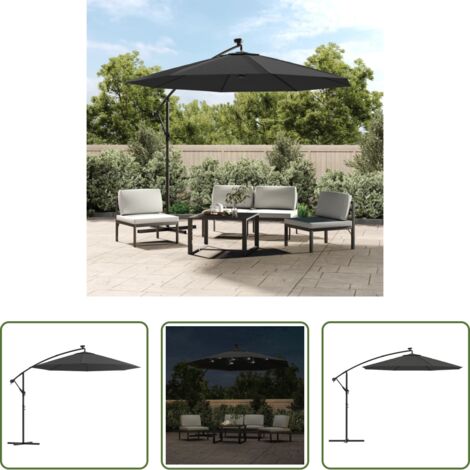 Luces LED -  Sombrilla voladiza con luces LED y poste acero antracita 300 cm