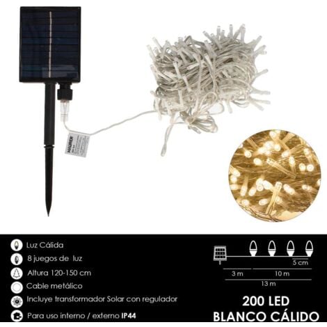 AFT luces navidad solar 200 leds luz calida. bateria recargable uso en exteriores / interiores ip44