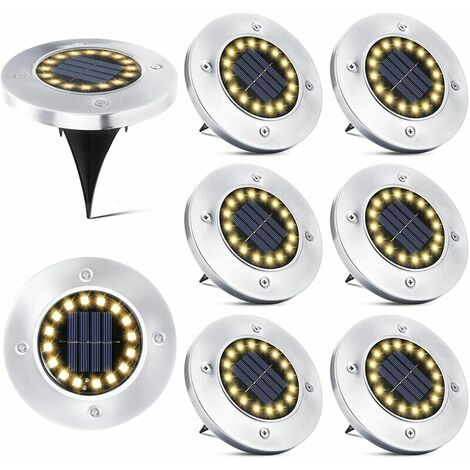 Luces solares al aire libre, 8 piezas 16 LED Luz solar de suelo Blanco cálido IP65 Foco impermeable Luz empotrada para jardín Camino Césped Terraza Patio subterráneo Pasarela