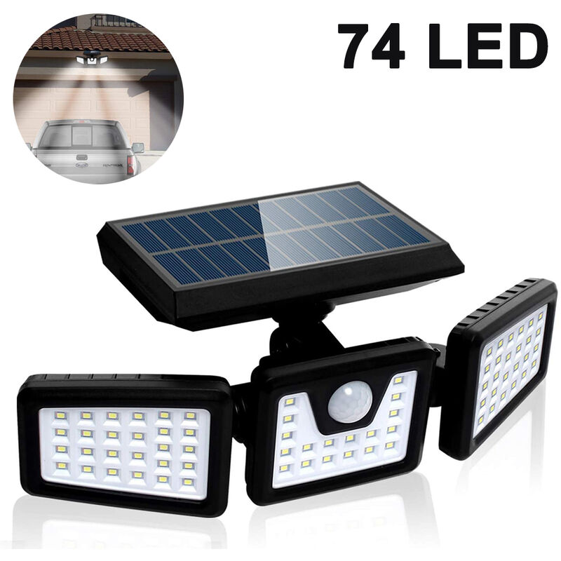 

Luces solares de seguridad, luces con sensor de movimiento de 3 cabezales, reflectores para exteriores 74LED ajustables, reflectores giratorios de