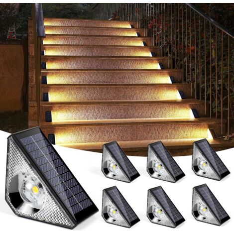 Luces solares exteriores con sensor de movimiento (4 unidades), iluminación de escaleras de 3000 K para caminos, iluminación LED solar exterior IP65 para jardín, patio, garaje, escalones, escaleras (6