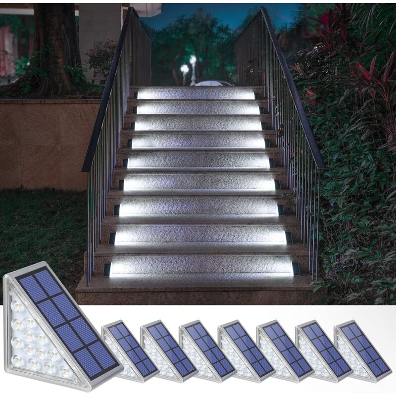 Luces solares para escaleras, escaleras, terraza, entrada, porche, puerta de entrada, acera, blanco frío, paquete de 8