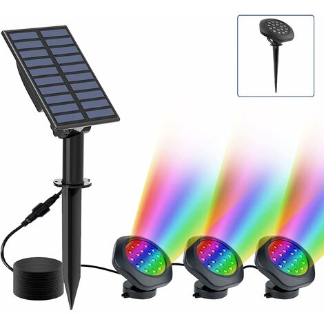 Luces solares para estanque, luces subacuáticas solares RGB, luces sumergibles con IP68 a prueba de agua, focos solares RGB que cambian de color para acuario, jardín (3 faros)