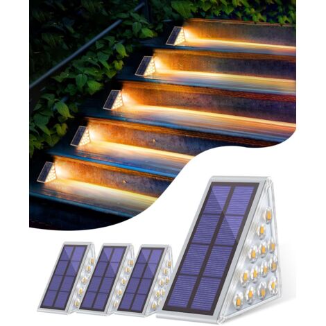 Luces solares para exteriores - 4 luces solares para escaleras - 13 LED blanco cálido - Iluminación impermeable IP65 para jardín, patio, garaje, escalones y escaleras