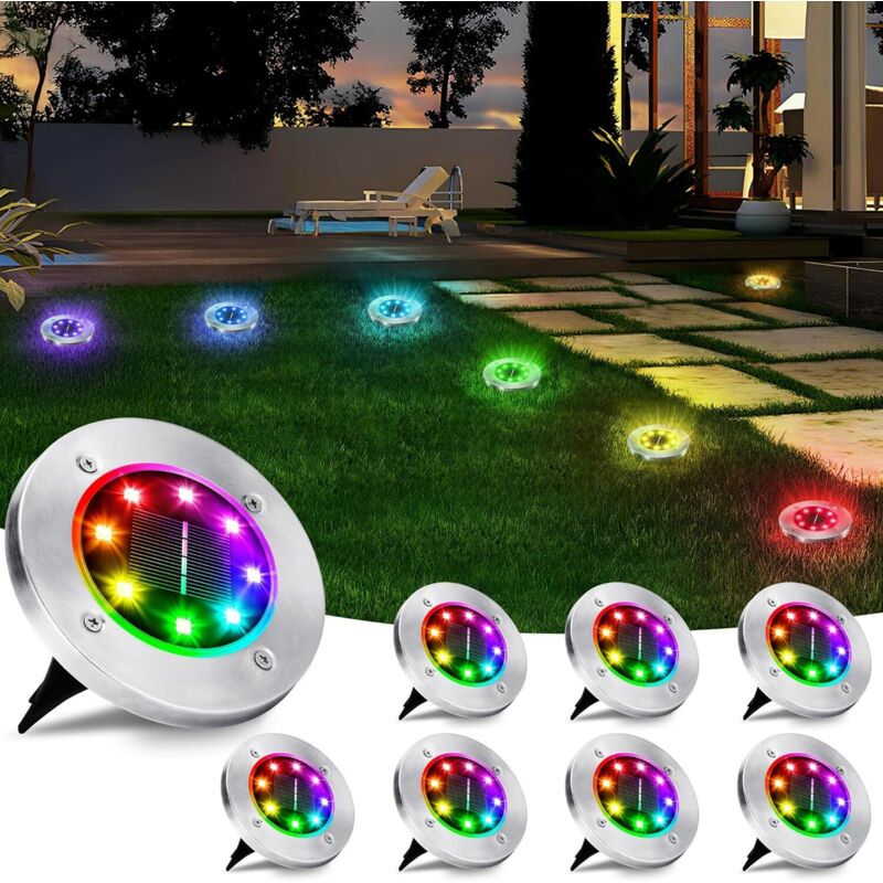 Luces solares para exteriores, 8 LED, impermeables, para jardines, entradas, césped y patios (color RGB, juego de 8)