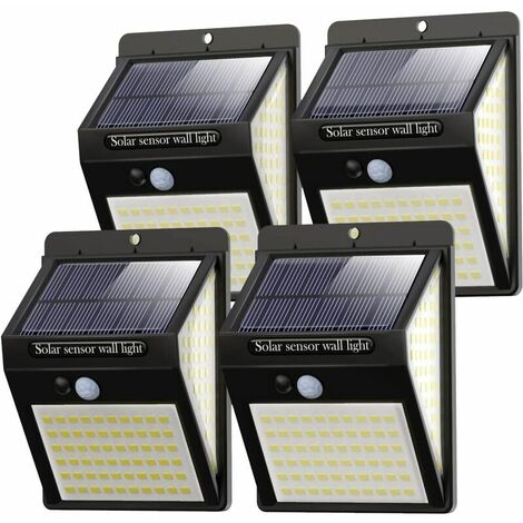 Luces solares para exteriores, paquete de 4, 140 luces LED solares de seguridad, sensor de movimiento, luces solares LED para exteriores, resistente al agua, foco inalámbrico, potente luz de seguridad