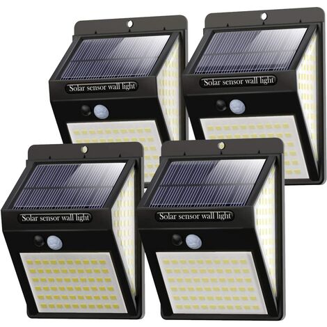 Luces solares para exteriores Paquete de 4 140 luces solares LED Sensor de movimiento para exteriores Luces solares LED para exteriores Impermeable Inalámbrico Foco solar Potente seguridad para jardín