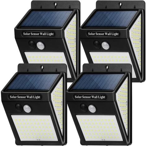 Luces solares para exteriores, [paquete de 4 144 LED] Luz solar impermeable con sensor de movimiento, 3 modos Foco LED Lámpara de pared inalámbrica de seguridad solar para jardín [Clase de eficiencia