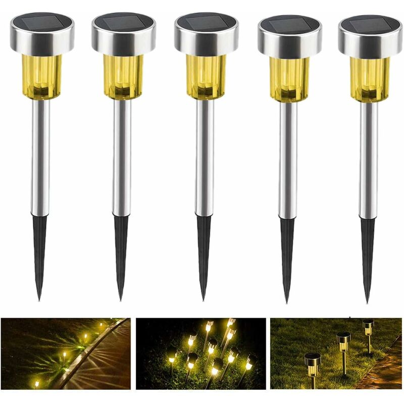 

Paquete de 5 luces solares para paisaje, luces LED de estaca para jardín con energía solar, lámpara de camino de acero inoxidable para césped, para