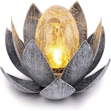 Luces solares para jardín, globo de vidrio craquelado en forma de loto, luces LED metálicas impermeables con forma de flor para patio, césped, entrada de vehículos, mesa, suelo.