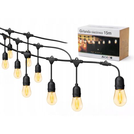 Luci decorative in tessuto a rete per giardino e esterni, cavo da 15 m, 15 lampadine LED E27