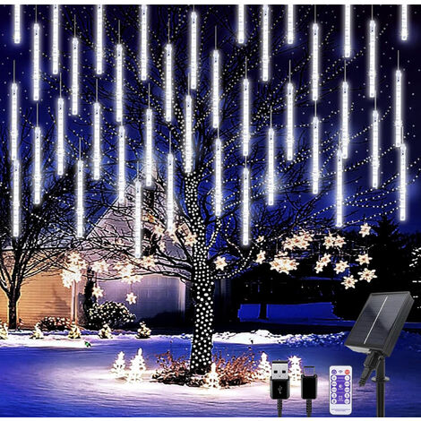 Luci di Natale Catena Luminosa natalizia a LED di 10 Meteoriti a Ricarica solare e USB con Telecomando luce fredda