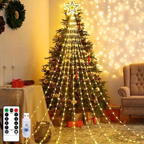 Luci di Natale con stelle, 2 m, 9 fili, 198 LED, luci a cascata a forma di stella con telecomando, impermeabili, tende con