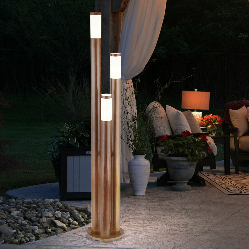 Image of Luci di via per esterno lampada da esterno in acciaio inox lampada da terra luce da giardino aspetto legno, 3 fiamme acciaio inox, 3x E27, PxH 28 x