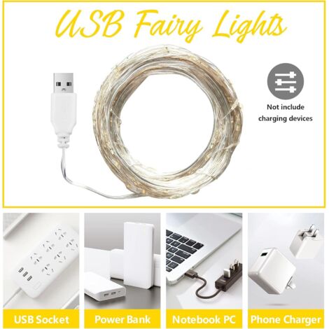 Luci LED, 100 LED 33 piedi USB luci filo d'argento impermeabile camera da letto illuminazione decorativa per Natale giardino festa matrimonio all'aperto (bianco caldo) [classe energetica D]