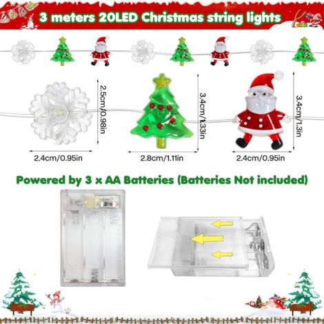 Luci natalizie da 3 metri con 20 LED - Albero di Natale, Fiocchi di neve, Pupazzi di neve - Decorazioni luminose per interni ed esterni