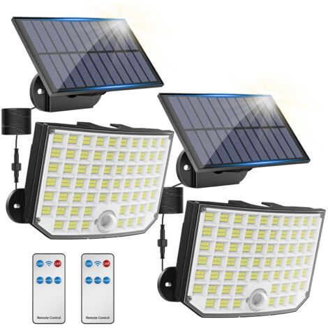 Luci solari da esterno [256 LED], confezione da 2 luci solari da esterno con sensore di movimento, 3 modalità, faretto solare da esterno IP65 per giardino, garage, patio con telecomando, cavo da 5 m