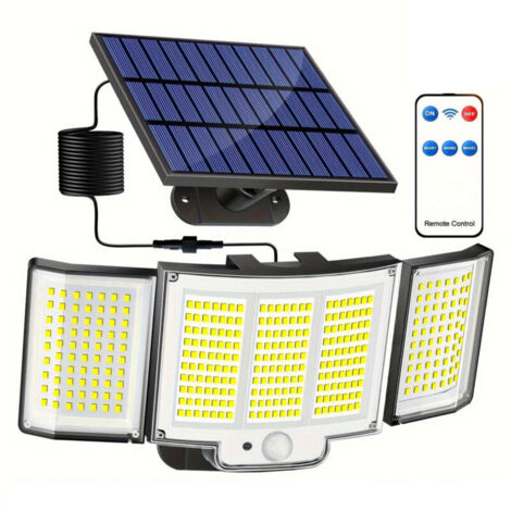 Luci solari da esterno, 348 LED/3 modalità, sensore di movimento solare con telecomando, faretto impermeabile a 3 teste, grandangolo 300°