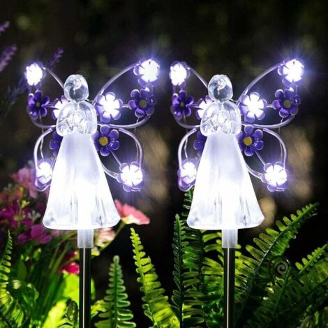 Luci solari da giardino a forma di angelo - Confezione da 2 luci solari a forma di angelo per giardino esterno, luce eterna a forma di angelo con 7 LED per decorazioni da cimitero e decorazioni natali