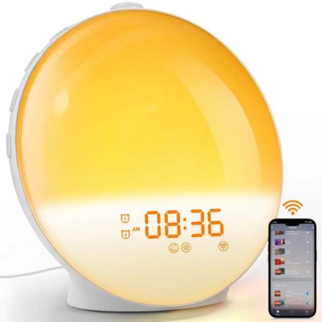 Luci sveglia all'alba, Sveglia, Luce ambientale, Colori abbaglianti, Luci notturne RGB, Suono bianco opaco, Radio FM, Luci per bambini