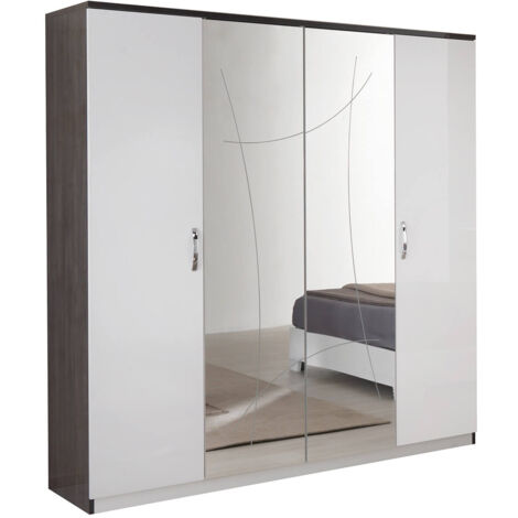 LUCIA - Armoire 4 Portes Laqué Blanc et Chêne Anthracite