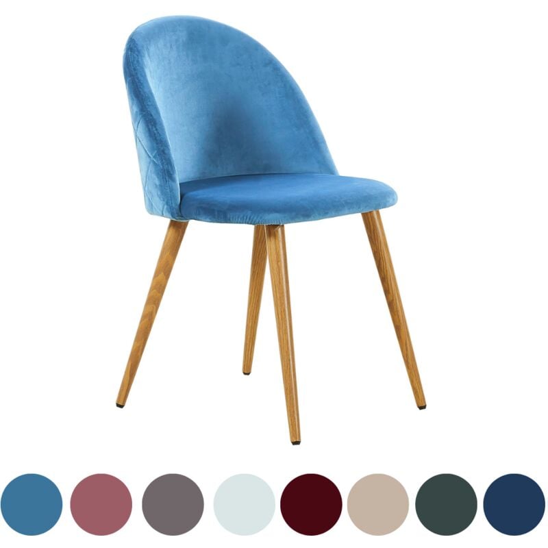 Chaise de salle à manger en velours Lucia simple - Chaise de salle à manger moderne à dossier incurvé rembourrée avec pieds en bois - Bleu