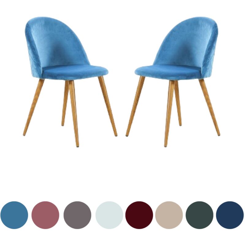 Lot de 2 chaises de salle à manger en velours Lucia - Chaises de salle à manger modernes avec rembourrage et dossier courbé et pieds en bois - Bleu