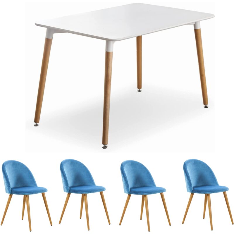 Life Interiors - Ensemble de salle à manger Halo Lucia - une table à manger en bois blanc et un ensemble de 4 chaises de salle à manger en velours