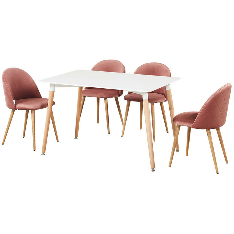 Life Interiors - LUCIA - Table à Manger Rectangulaire Blanche + 4 Chaises en Velours Roses - Style Scandinave - Salle à Manger ou Cuisine - Rose