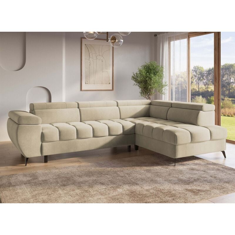 Deco In Paris - luciano - Canapé d'angle convertible matelassé avec coffre en velours beige luciano - Angle droit