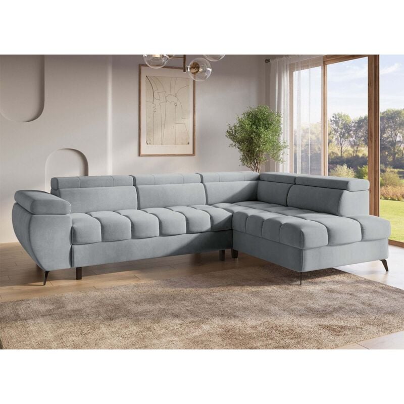 Deco In Paris - luciano - Canapé d'angle convertible matelassé avec coffre en velours gris luciano - Angle droit