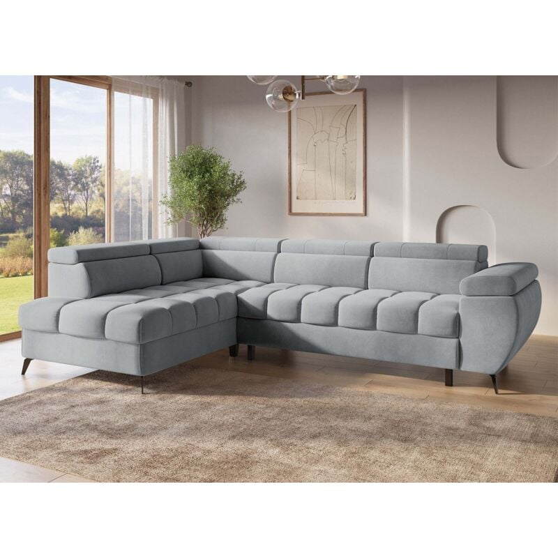 LUCIANO - Canapé d’angle convertible matelassé avec coffre en velours gris LUCIANO - Angle gauche