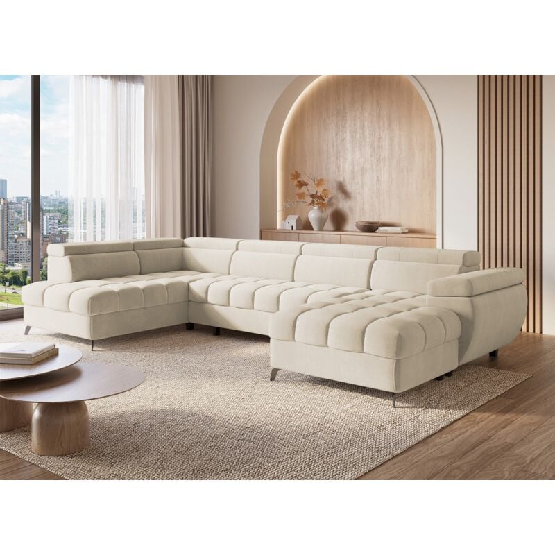 Deco In Paris - luciano - Canapé panoramique convertible matelassé avec coffre en velours beige luciano - Angle droit