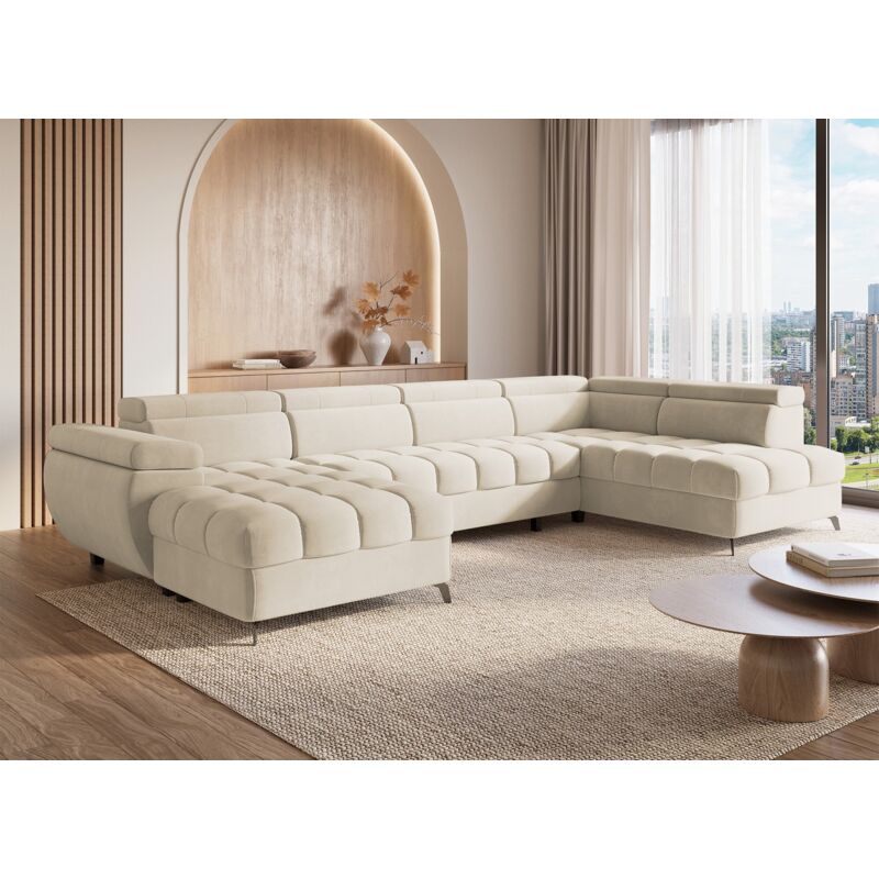 Deco In Paris - luciano - Canapé panoramique convertible matelassé avec coffre en velours beige luciano - Angle gauche