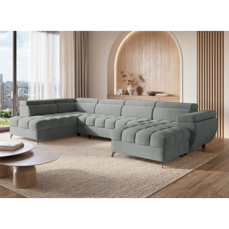 Deco In Paris - luciano - Canapé panoramique convertible matelassé avec coffre en velours gris luciano - Angle droit