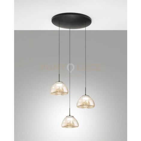 LUCILLE SOSPENSIONE COGNAC 3 LUCI IN VETRO ATTACCO TONDO A LED CCT 2700K - 3000K - 4000K- 21W - 2250lm DIMMERABILE
