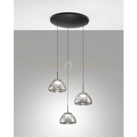 LUCILLE SOSPENSIONE FUME' 3 LUCI IN VETRO ATTACCO TONDO A LED CCT 2700K - 3000K - 4000K- 21W - 2250 lm DIMMERABILE