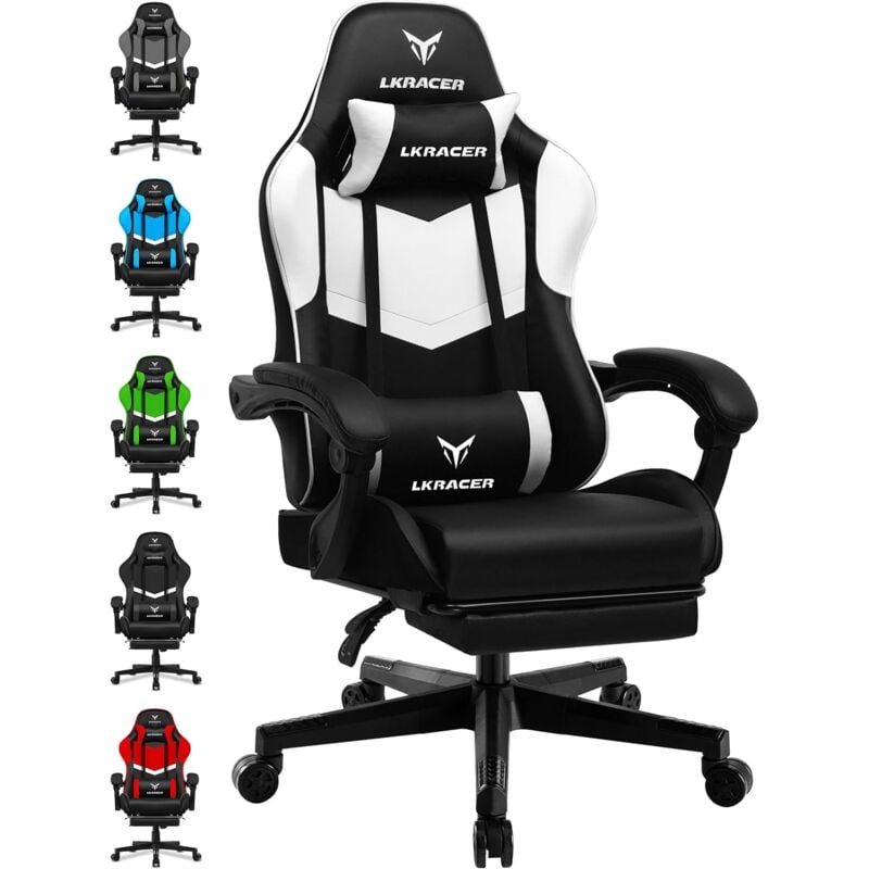 Luckracer - Chaise de Gaming avec Repose-Pieds, Ergonomique, avec Coussin Lombaire réglable, Oreiller, Chaise de Jeu, Chaise Gamer réglable en