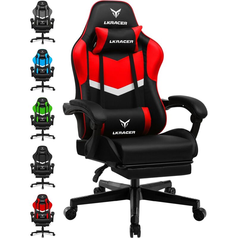 Luckracer - Chaise de gaming ergonomique avec repose-pieds, coussin lombaire réglable, oreiller, chaise de jeu, chaise gamer réglable en hauteur,
