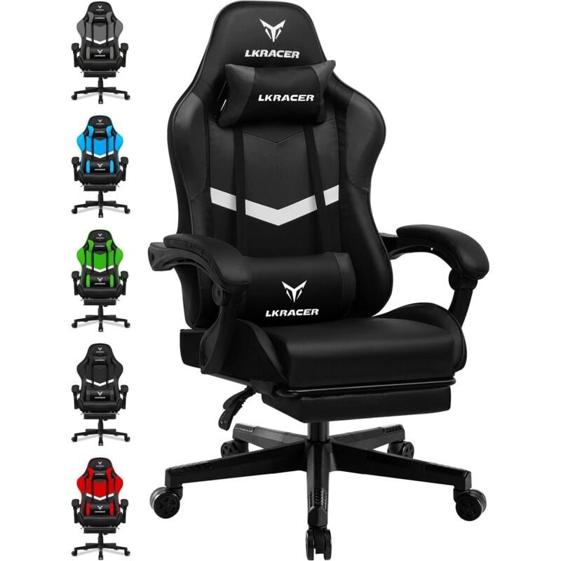 Luckracer - Chaise de gaming ergonomique avec repose-pieds, coussin lombaire réglable, oreiller, chaise de jeu, chaise gamer réglable en hauteur,