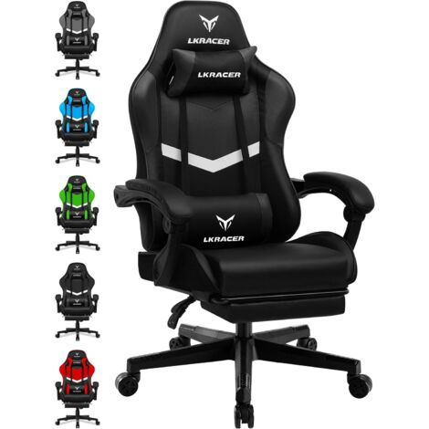 LUCKRACER Chaise de gaming ergonomique avec repose-pieds, coussin lombaire réglable, oreiller, chaise de jeu, chaise gamer réglable en hauteur, charge maximale : 150 kg, Noir