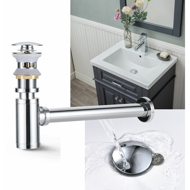 Lucky-88 - Bonde + Siphon de Lavabo Push et Pop Up avec Trop-Plein Set de Siphon Mural en Laiton Chromé Ensemble de Vidange Universel Accessoire de