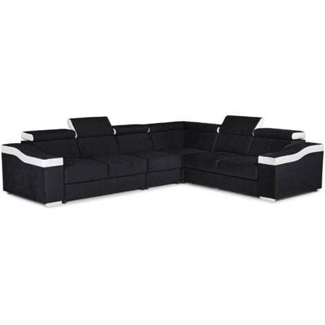 MOBILIER DECO LUCKY - Canapé d’angle convertible réversible en tissu noir et simili blanc