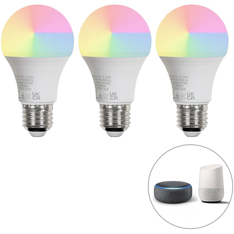 Lot de 3 lampes led intelligentes E27 A60 rgbw mate 8,5W 806 lm 2700K - Luedd